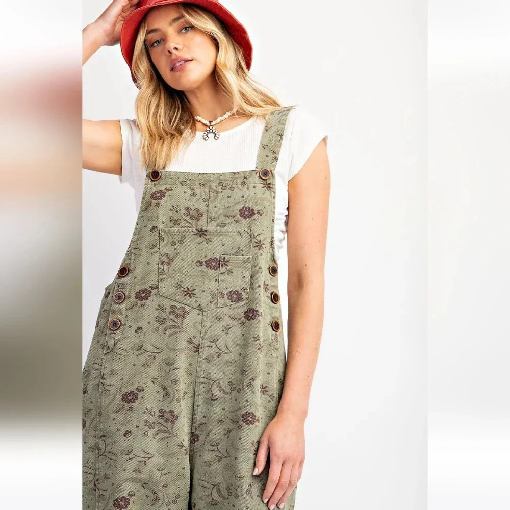 Easel-Free People Green Floral Boho Overalls Size Meduim - Picture 2 of 7